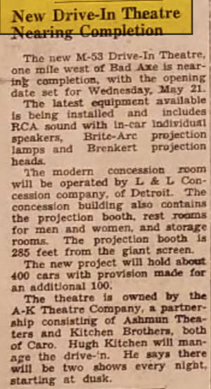 May 16 1952 article M-53 Drive-In Theatre, Bad Axe